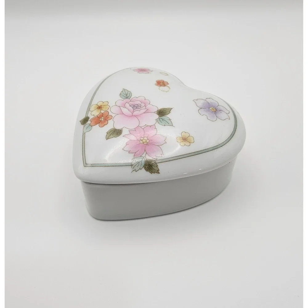 Vintage Porcelain Heart Shaped Floral Trinket Box, Japan